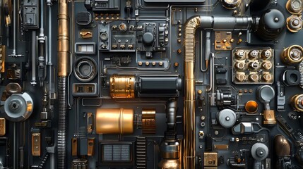 Complex array of metallic steampunk hardware with gold accents, displaying industrial machinery aesthetic.