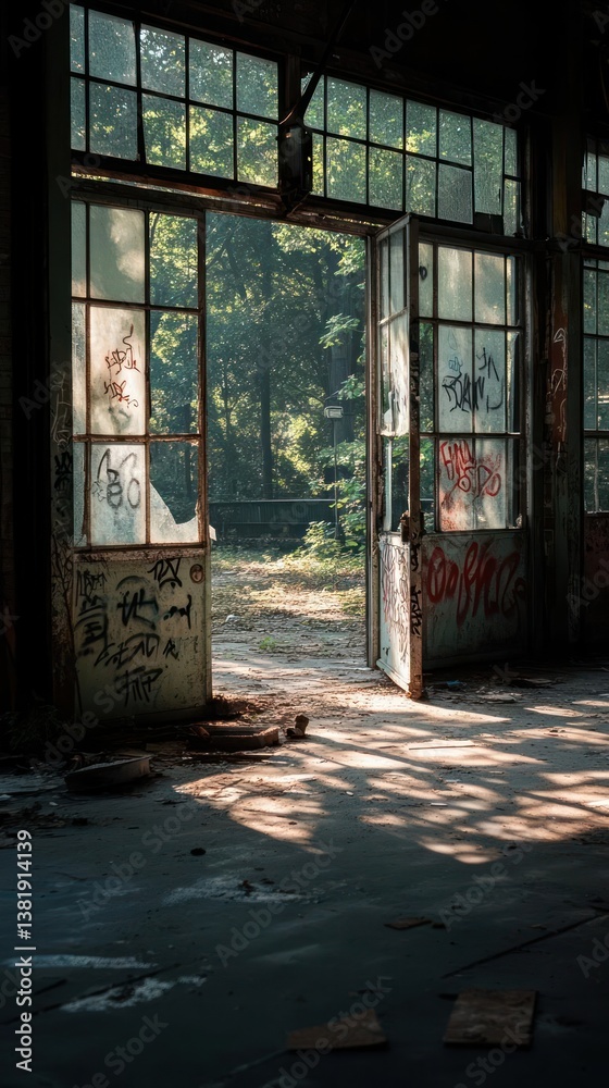 Poster old abandoned building interior with open doorway overlooking forest sunlight streaming through glas