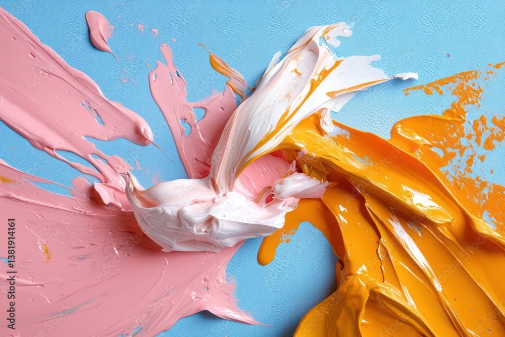 Poster close up view of pink white and orange paint strokes on a textured blue surface displaying vibrant c