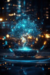 Fototapeta premium A tree is floating in a blue sphere with a glowing light around it