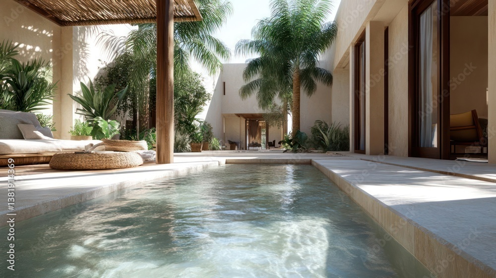 Aufkleber tranquil courtyard scene featuring a pool wooden pillars and lush greenery in a warm light with cont