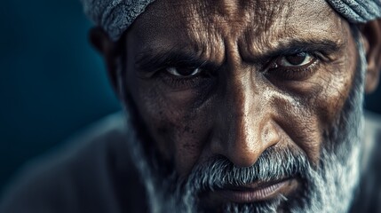 Obraz premium Elderly male with intense gaze wearing headwrap against dark background