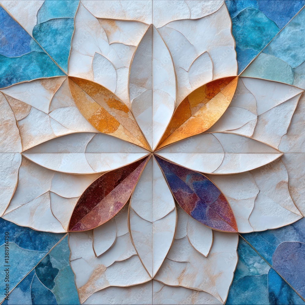 Aufkleber abstract mosaic artwork featuring a symmetrical floral design in shades of white blue orange and bro