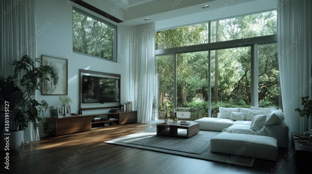 Aufkleber luxurious room interior with large windows white curtains and a view of lush greenery and natural li