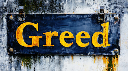 Weathered sign with the word Greed mounted on grungy, stained wall