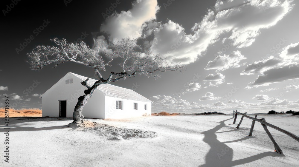 Poster monochrome landscape with a small white house under a cloudy sky a tree in front and a wooden fence 