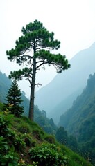 Foliage and trees in misty mountain environment isolated on white background, tree, solitude, nature