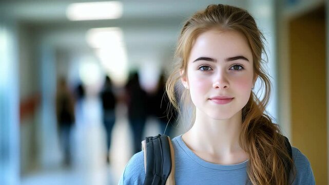 A cheerful teenage school girl is in a college or university hallway, smiling and giving a happy thumbs-up gesture. Success, approval and youthful energy concept