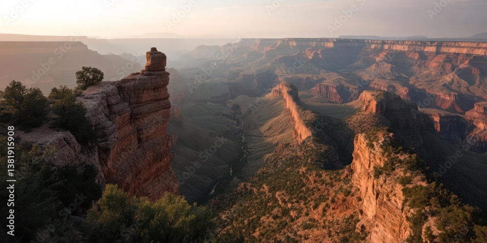 Aufkleber vast canyon landscape under soft sunlight with layered rock formations and subtle haze creating dept