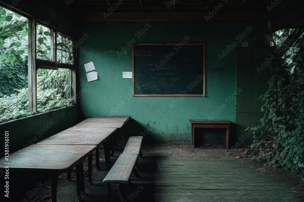 Poster interior view of abandoned building with wooden tables benches and a blackboard overgrown by foliage