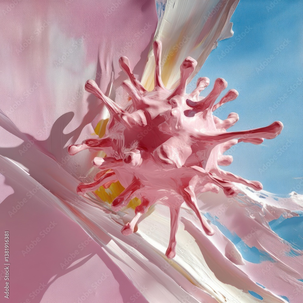 Poster Abstract rendering of a stylized pink virus with spiky protrusions on a textured, layered surface featuring pastel colors and soft lighting