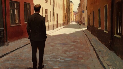 Young caucasian male in suit walking through historic european street