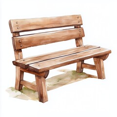 Rustic Brown Wooden Bench Watercolor Painting on White Background
