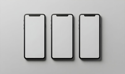 Three smartphones, blank screen, white background, app mockup