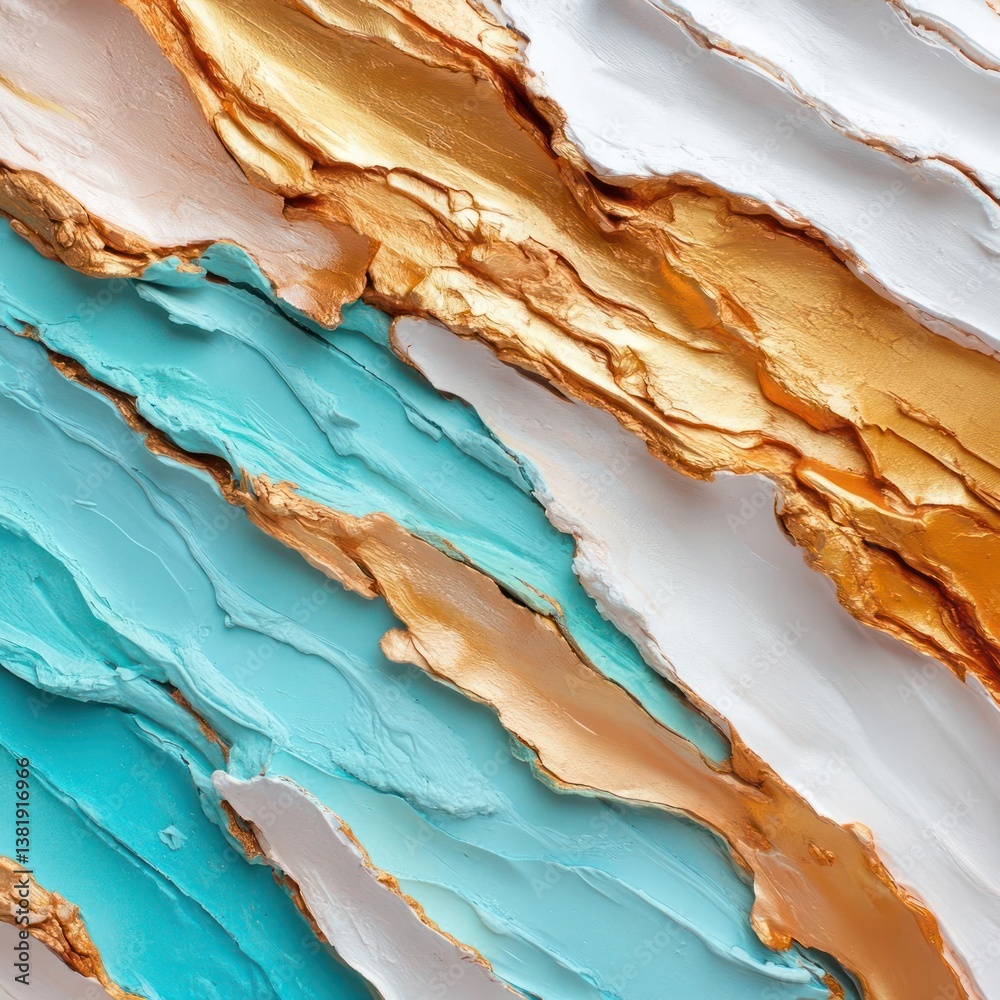 Poster abstract textured artwork with gold turquoise and white layers resembling stone or paper