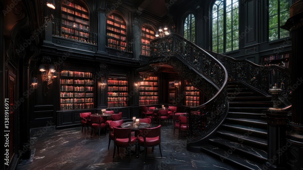 Poster Elegant black library with spiral staircase red chairs bookshelves and a large window overlooking trees creating a luxurious and inviting atmosphere. The room is adorned with decorative lights