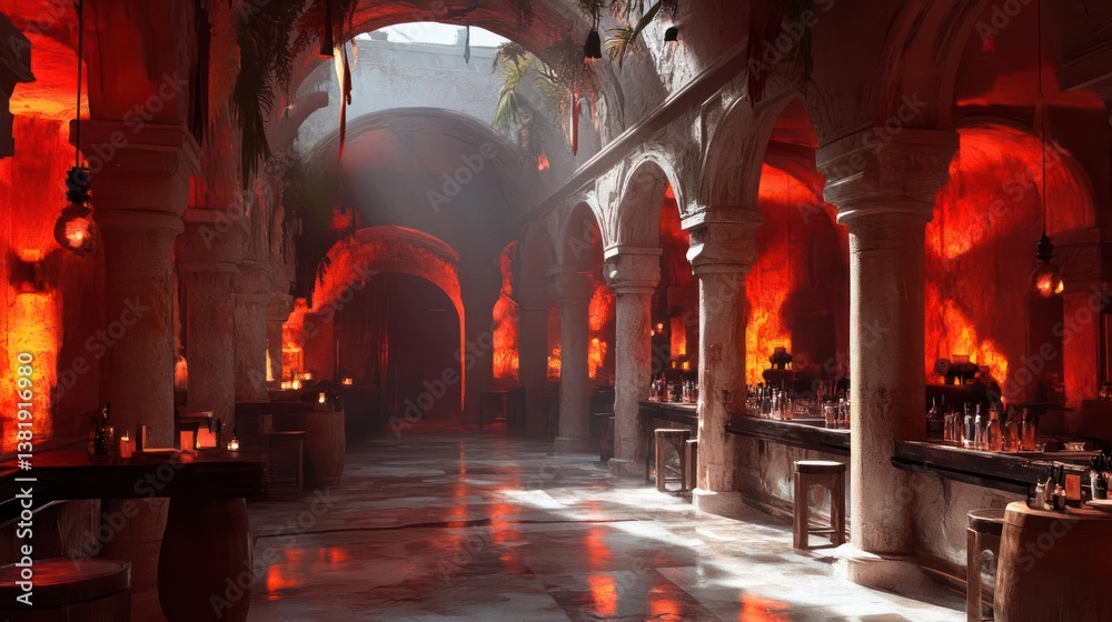 Poster Long hall with columns arched ceiling and red lighting with tables and chairs in a medieval style architecture creating dramatic shadows and light play