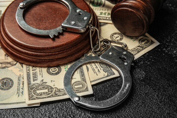 Handcuffs with judge's gavel and dollar banknotes on dark background, closeup