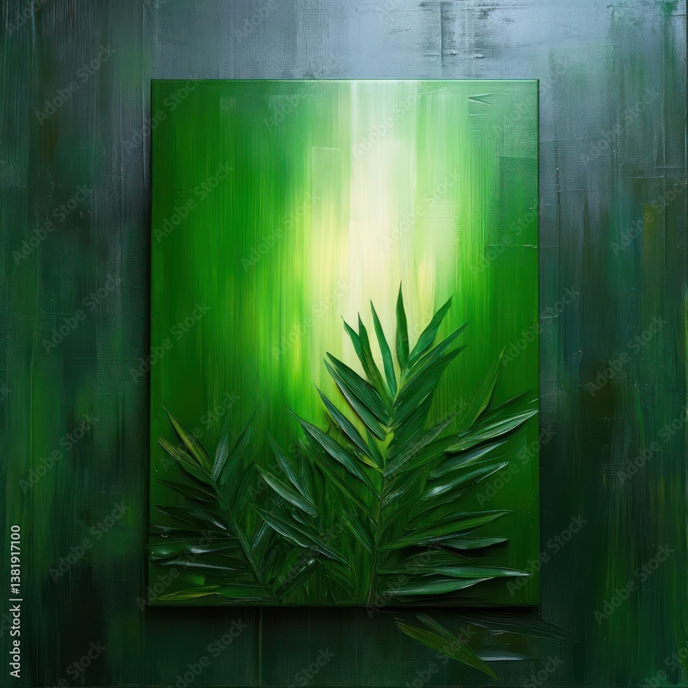Aufkleber Abstract painting with vertical strokes in shades of green with embedded botanical elements and a bright center, evoking a natural feel