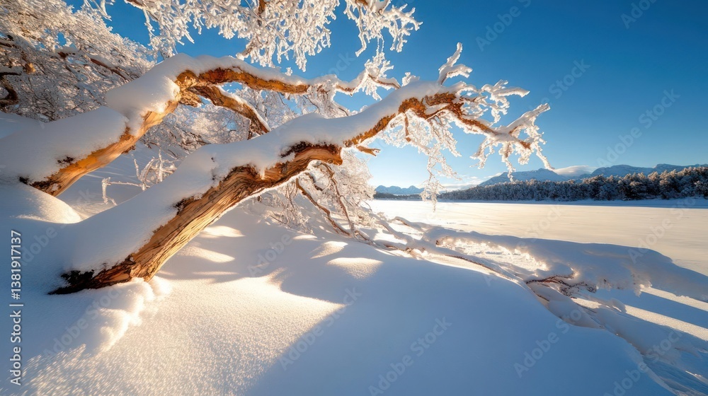 Fototapete snow-covered tree branches and trunk over a snowy landscape under a clear blue sky illuminated by wa