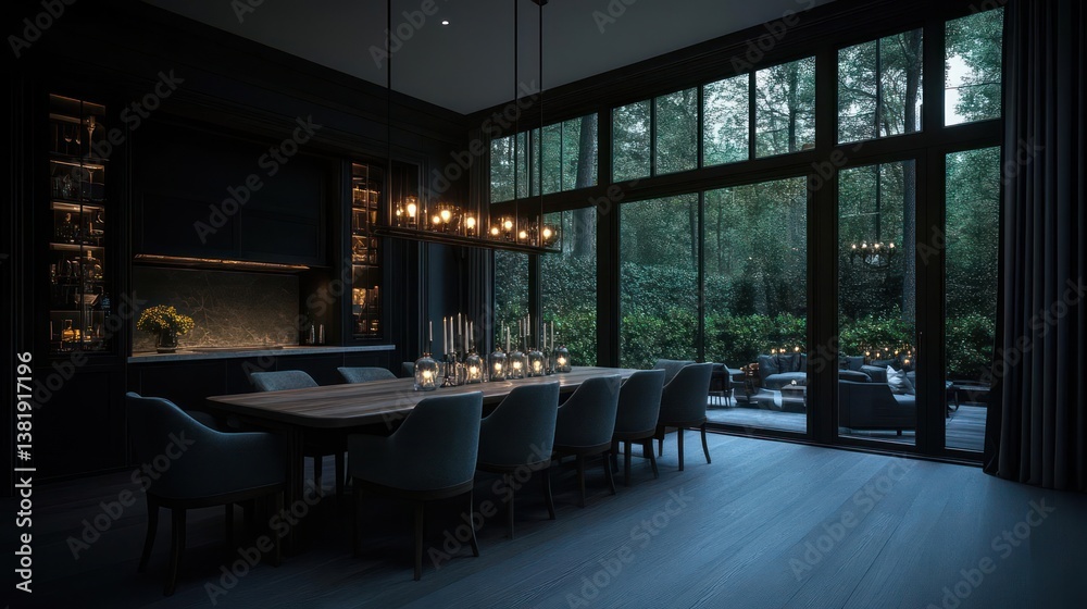 Poster elegant dining room with long table and chairs. a large window offers a view of lush greenery. warm 