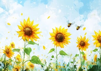 Vibrant sunflowers and bees in a sunny field painting