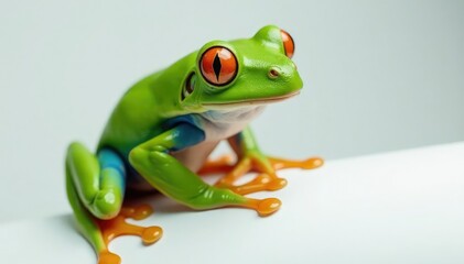 Obraz premium Green tree frog perched on white, vibrant skin, reptile, macro photography, closeup photography