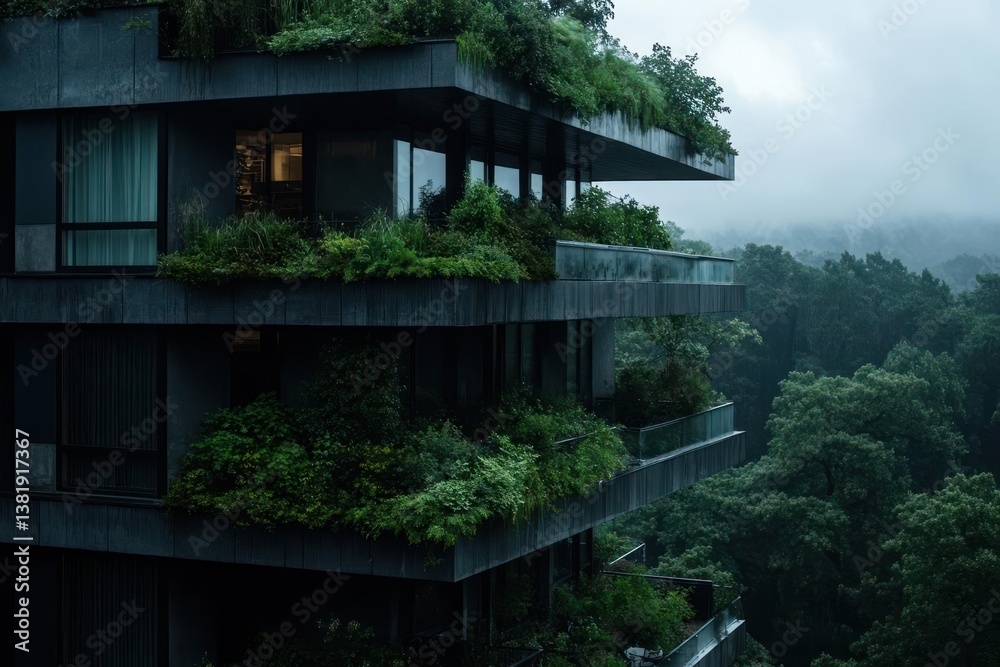 Poster Modern apartment building with green rooftop garden in rain with forest background and green trees visible