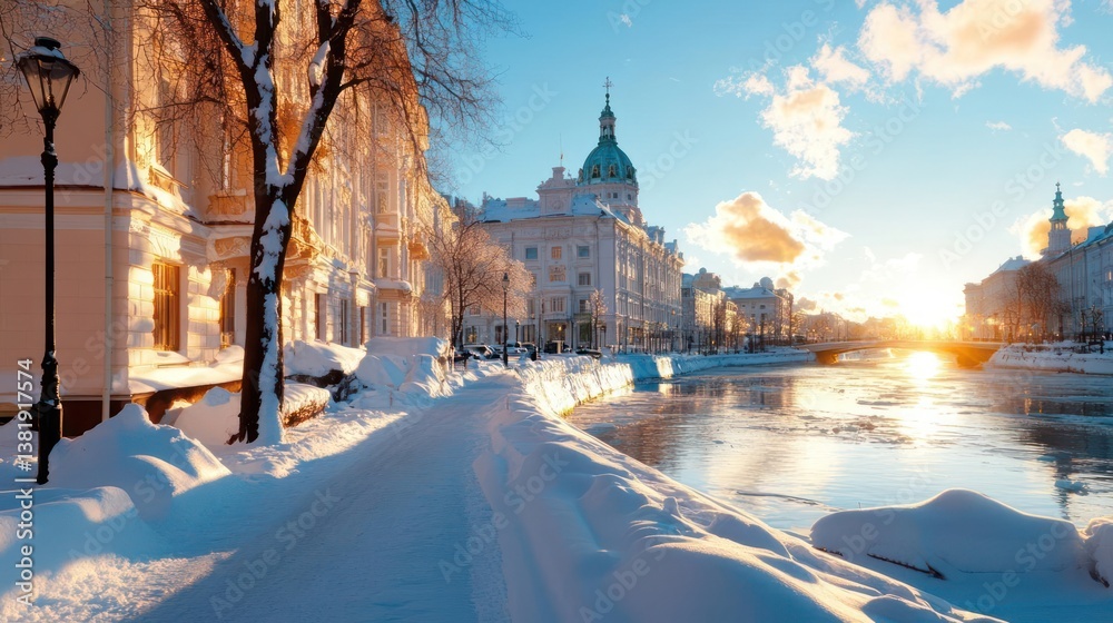 Poster snow covered path along a canal with buildings in winter sunlight. the sky is blue with clouds. a st