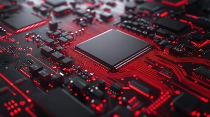 Fototapeta premium Illuminated circuit board with a central processor unit, electronic pathways highlighted in bright red light.