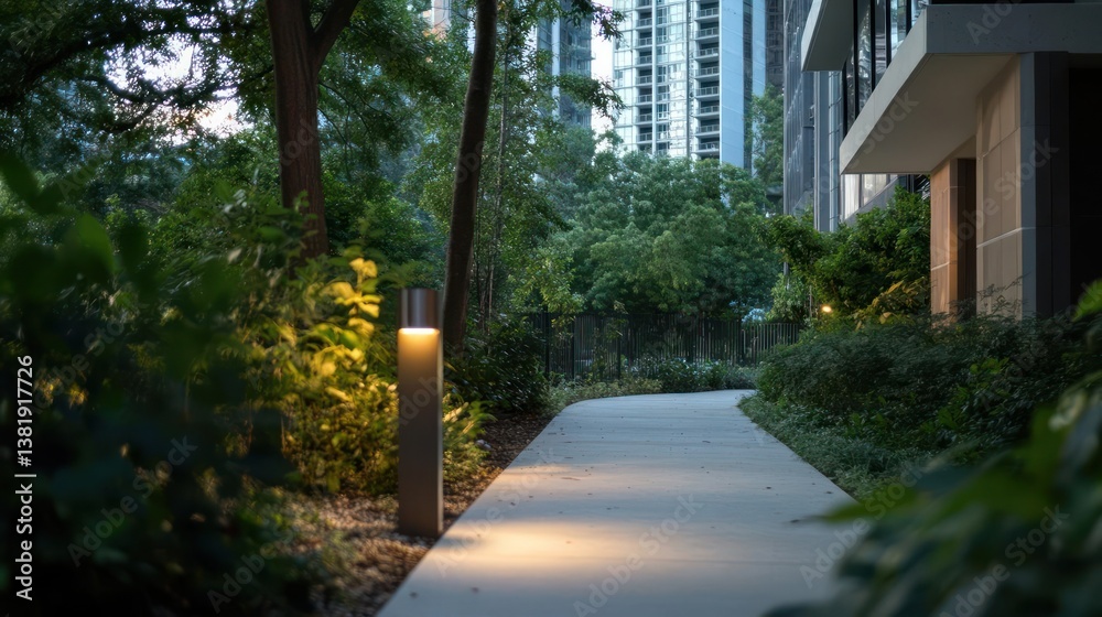 Aufkleber pathway through lush greenery with illuminated pathway markers leading to a residential building on 