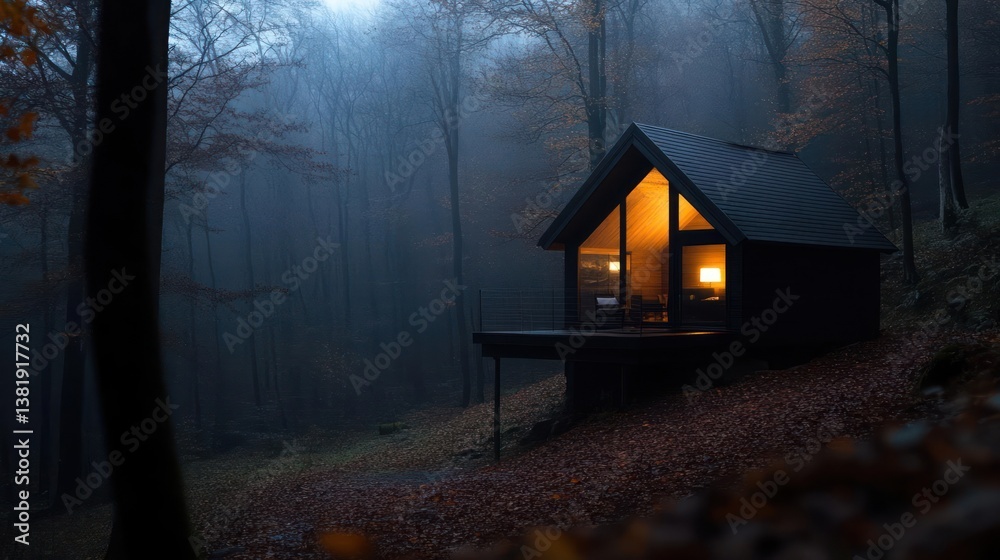 Poster cozy structure nestled in moody autumn forest illuminated interior and exterior lighting enhancing w