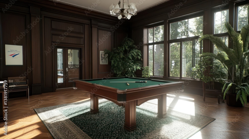 Poster elegant interior with a pool table large windows wooden paneling sunlight illuminating greenery and 