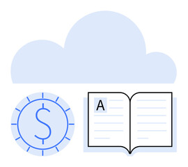 Cloud icon with coin symbol and open book signifies financial management, education, and storage. Ideal for finance, education, learning, cloud services, technology, data flat simple metaphor