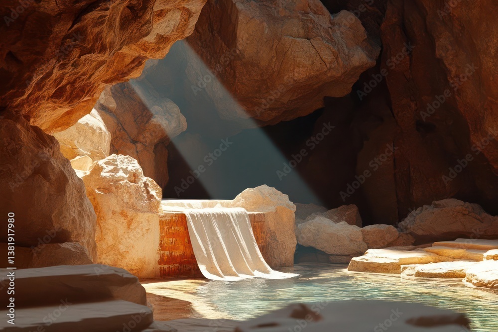 Poster sunlight streams into a cavern illuminating a small waterfall and pool of water amidst textured rock