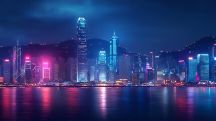 Obraz premium Neon cityscape: A vibrant skyline of glowing buildings reflected on the water during the nighttime.