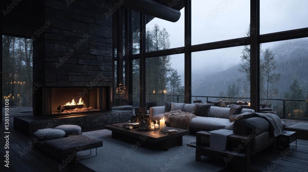 Poster cozy room with fireplace and large windows overlooking a snowy mountain landscape. warm interior wit