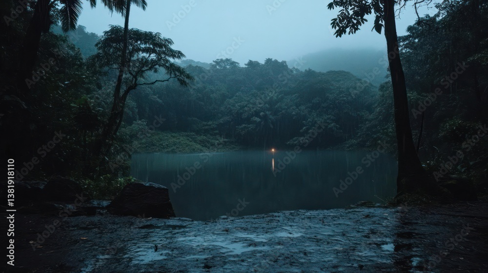 Fototapete rainy lake scene at dusk with lush trees and reflections on water. dark and moody atmosphere, low li