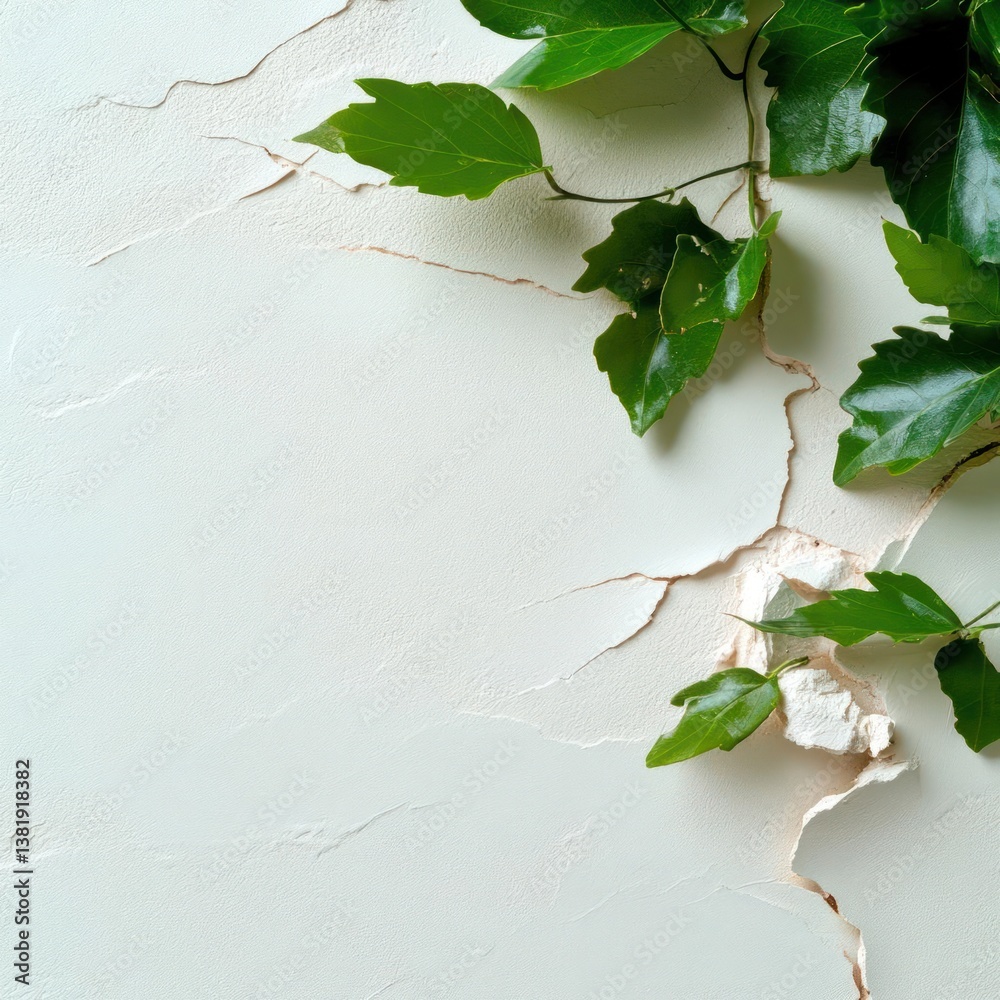 Poster Green leaves on a textured white surface with cracks creating a natural contrast of organic and inorganic elements with overhead lighting