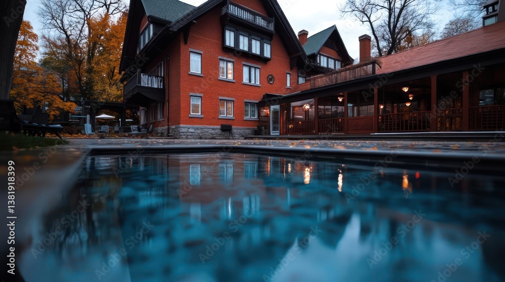 Poster Reflective pool in front of a red brick building Autumn trees and overcast sky give a tranquil atmosphere. The architectural design displays classic elements