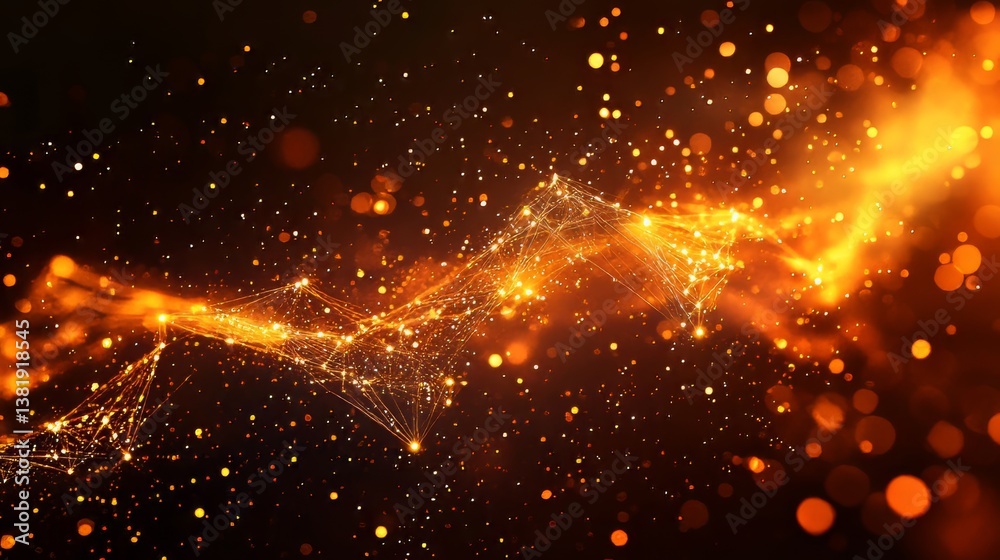 Poster golden network of interconnected dots, lines, and bokeh, creating a dynamic and futuristic abstract 