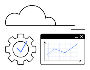 Cloud, gear with checkmark, and chart indicate data analysis, cloud computing, and process optimization. Ideal for technology, analytics, performance, automation cloud storage workflow flat simple