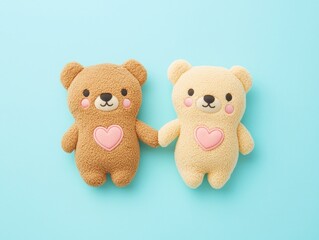 Cute plush teddy bears with heart designs on light blue background