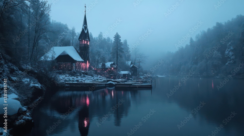 Aufkleber serene lake view at dusk with snow covered trees and a quaint wooden lodge featuring warm interior l