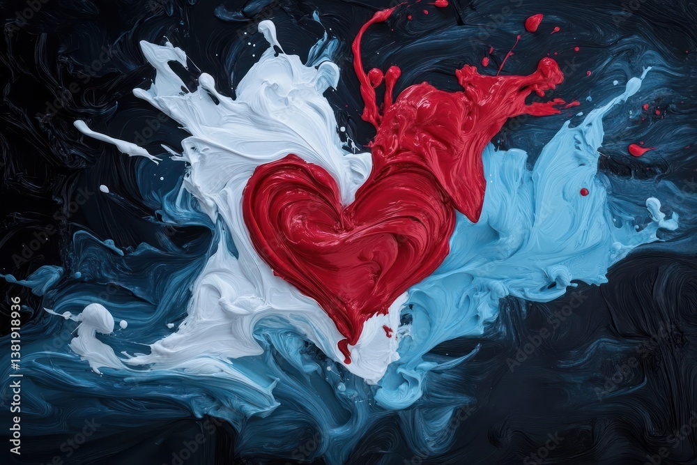 Poster Abstract shape formed with red paint and blue and white splashes on a dark background