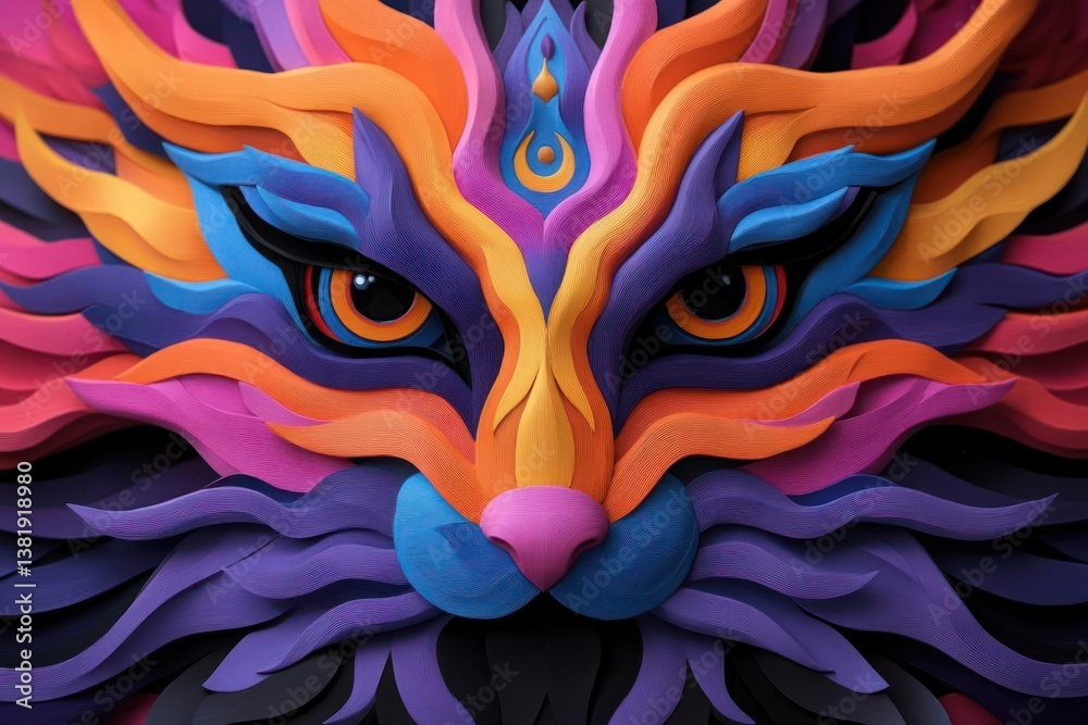 Poster Intricate paper art lion face with vibrant multicolored layered design showing detailed textures and expressive eyes on a dark background