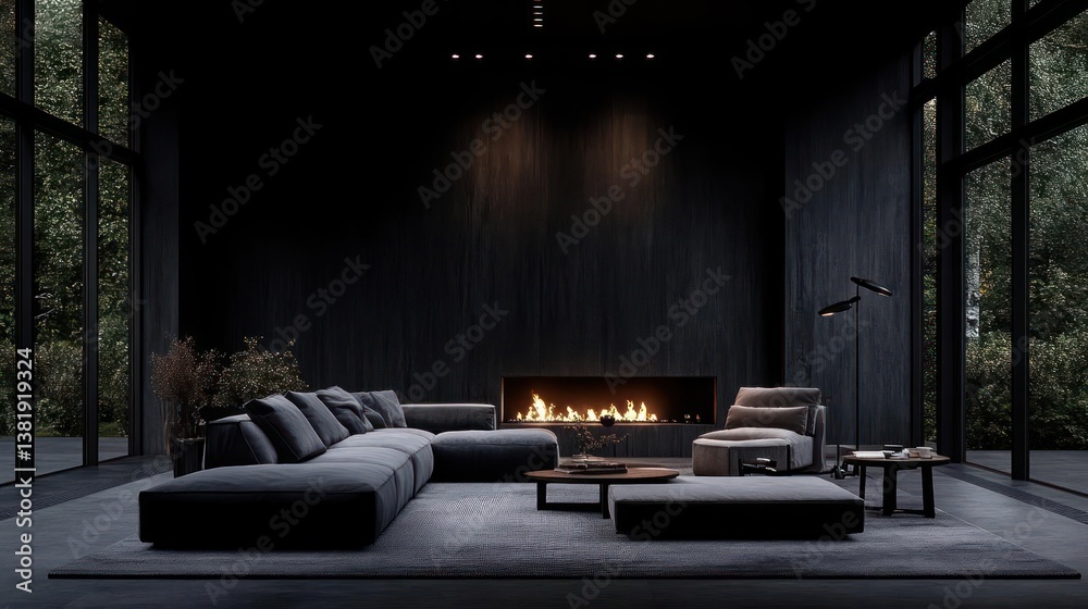Poster Dark modern living room with a fireplace seating area and large windows overlooking lush greenery. The room features a dark color scheme with minimal furniture and a cozy atmosphere