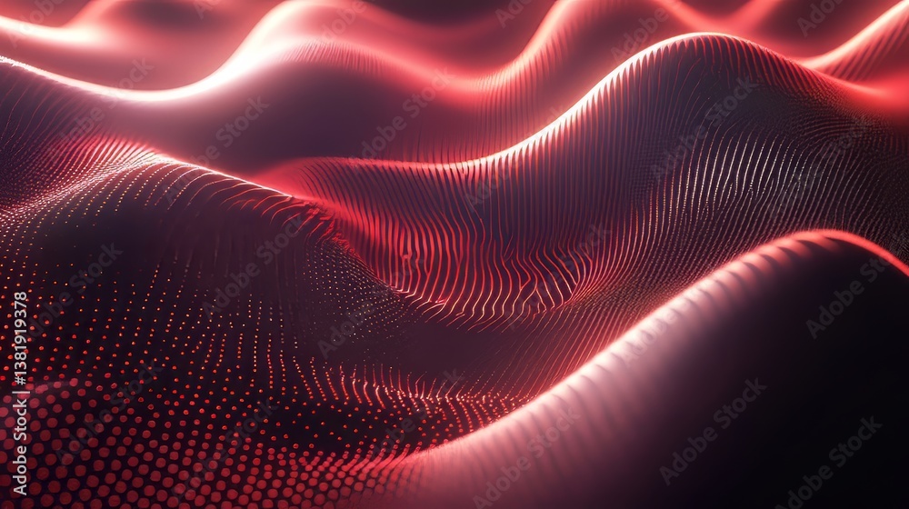Poster abstract red waves flow with light creating a digital landscape. modern flowing technology backgroun