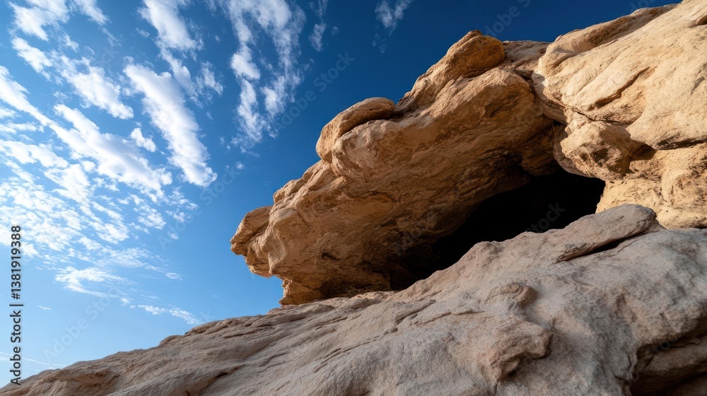 Aufkleber Low angle shot of textured sandstone formation under blue sky with white clouds and a dark opening creating a contrast of light and shadow