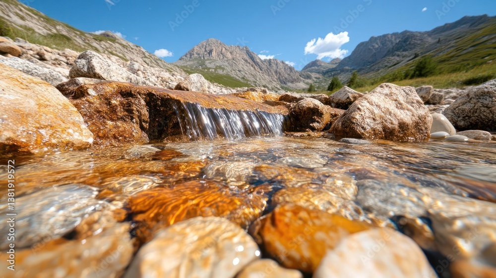 Aufkleber clear water stream flows over colorful rocks with mountains under blue sky creating a natural landsc